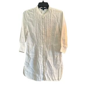 Boden 100% Linen Size 10 White‎ Blouse Ruffle Long Tunic Top Shirt Women's
